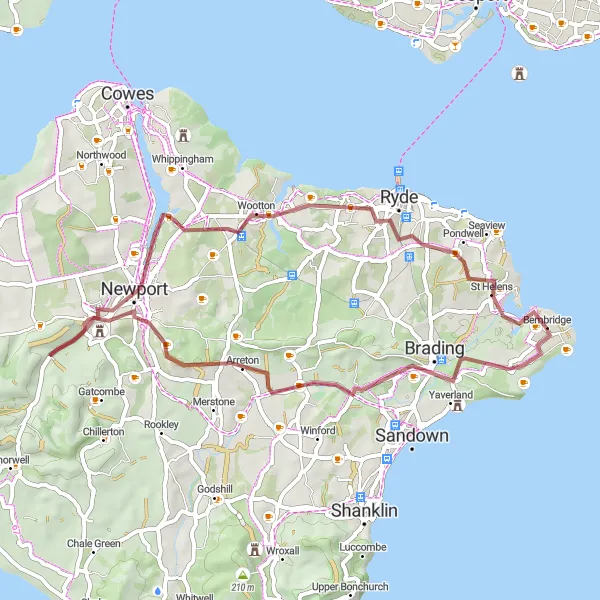 Map miniature of "Scenic Gravel Loop: Bembridge to Newport" cycling inspiration in Hampshire and Isle of Wight, United Kingdom. Generated by Tarmacs.app cycling route planner