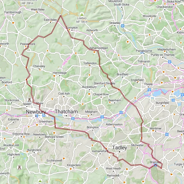 Map miniature of "Gravel Cycling Challenge from Bramley to Mortimer West End" cycling inspiration in Hampshire and Isle of Wight, United Kingdom. Generated by Tarmacs.app cycling route planner