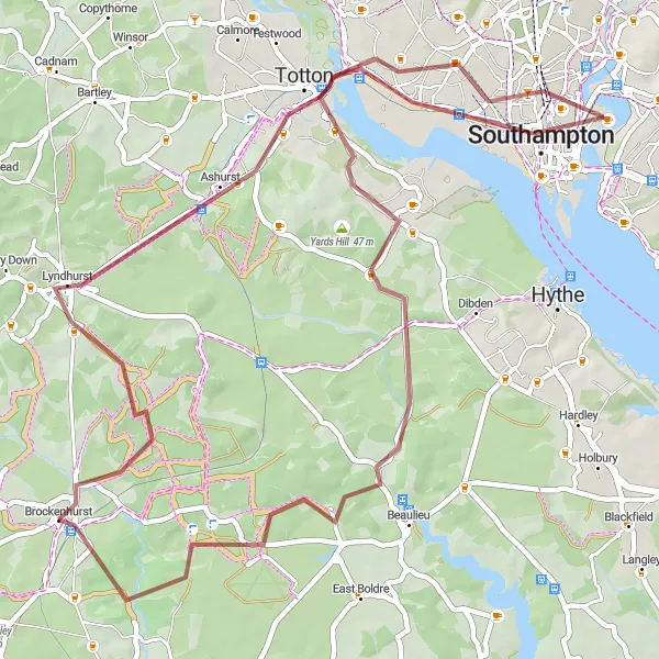 Map miniature of "New Forest Gravel Adventure" cycling inspiration in Hampshire and Isle of Wight, United Kingdom. Generated by Tarmacs.app cycling route planner