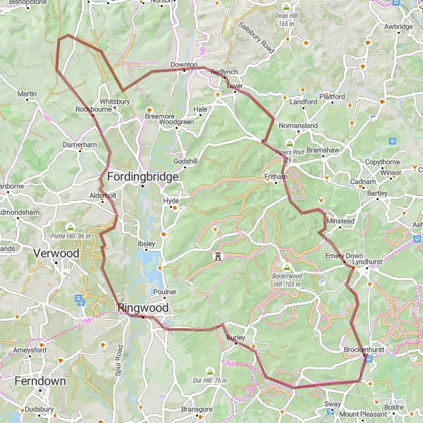 Map miniature of "Burley and Brockenhurst Gravel Route" cycling inspiration in Hampshire and Isle of Wight, United Kingdom. Generated by Tarmacs.app cycling route planner