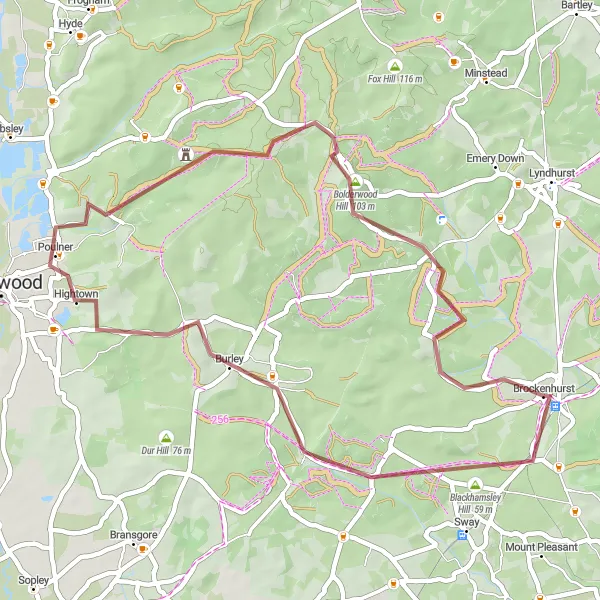 Map miniature of "Burley and Brockenhurst Gravel Adventure" cycling inspiration in Hampshire and Isle of Wight, United Kingdom. Generated by Tarmacs.app cycling route planner