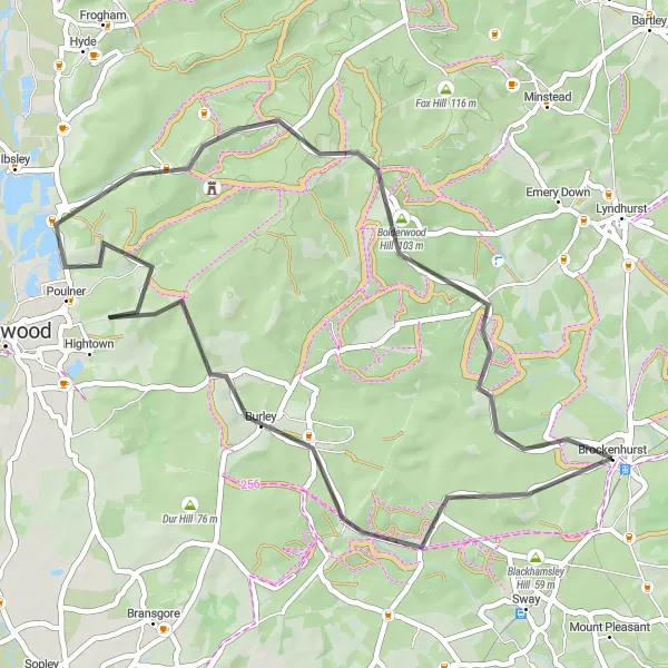 Map miniature of "New Forest Scenic Ride" cycling inspiration in Hampshire and Isle of Wight, United Kingdom. Generated by Tarmacs.app cycling route planner