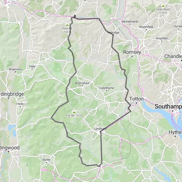 Map miniature of "Hampshire Hills Road Challenge" cycling inspiration in Hampshire and Isle of Wight, United Kingdom. Generated by Tarmacs.app cycling route planner