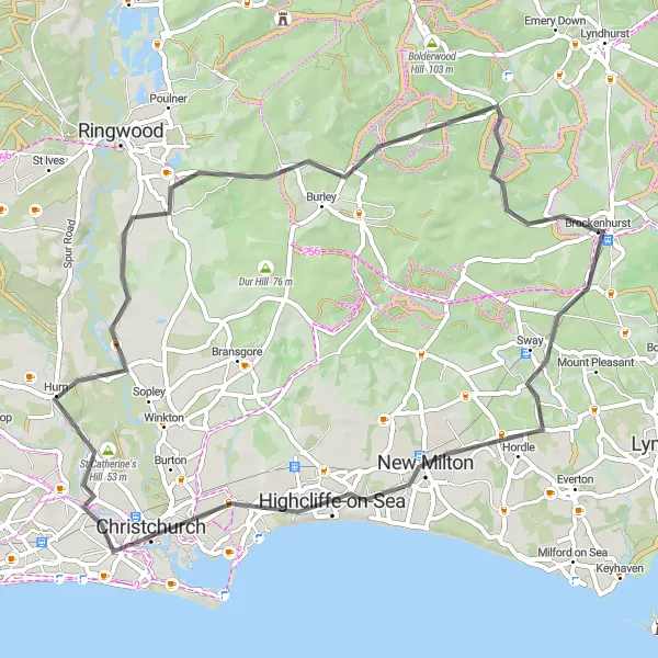 Map miniature of "Blackhamsley Hill and Brockenhurst Road Ride" cycling inspiration in Hampshire and Isle of Wight, United Kingdom. Generated by Tarmacs.app cycling route planner