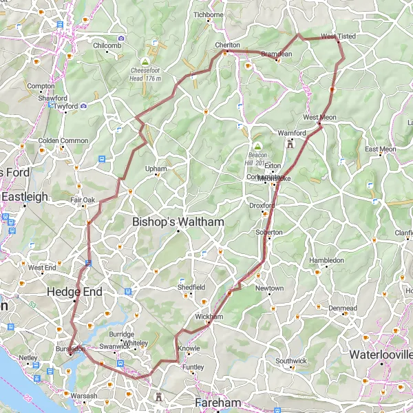 Map miniature of "Bursledon Gravel Route" cycling inspiration in Hampshire and Isle of Wight, United Kingdom. Generated by Tarmacs.app cycling route planner