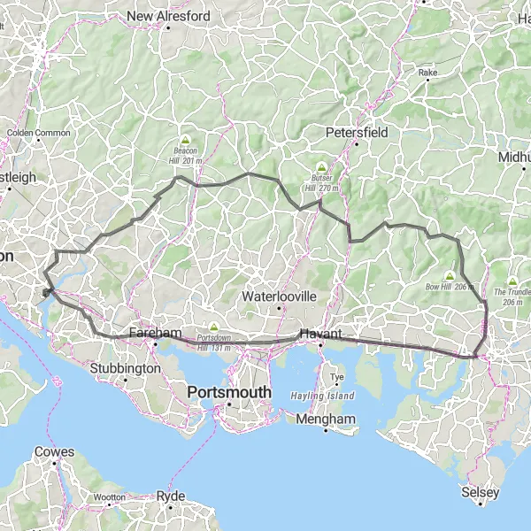 Map miniature of "Hampshire Century Road Ride" cycling inspiration in Hampshire and Isle of Wight, United Kingdom. Generated by Tarmacs.app cycling route planner