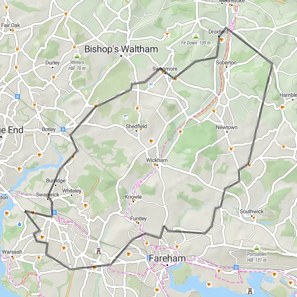 Map miniature of "Scenic Panoramas Road Loop" cycling inspiration in Hampshire and Isle of Wight, United Kingdom. Generated by Tarmacs.app cycling route planner