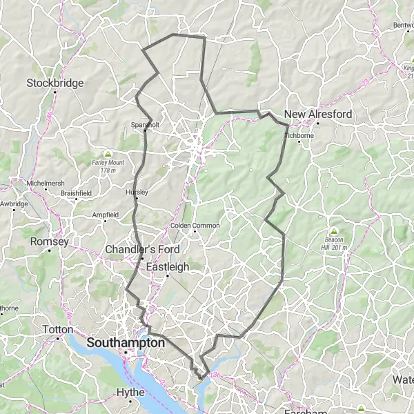 Map miniature of "Bursledon Hill Climbing Challenge" cycling inspiration in Hampshire and Isle of Wight, United Kingdom. Generated by Tarmacs.app cycling route planner