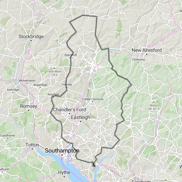 Map miniature of "Hampshire Scenic Loop" cycling inspiration in Hampshire and Isle of Wight, United Kingdom. Generated by Tarmacs.app cycling route planner