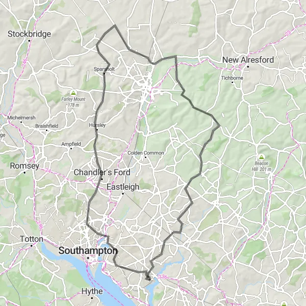 Map miniature of "Bursledon to Cheesefoot Head" cycling inspiration in Hampshire and Isle of Wight, United Kingdom. Generated by Tarmacs.app cycling route planner