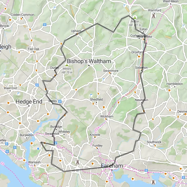 Map miniature of "Bursledon to Sarisbury" cycling inspiration in Hampshire and Isle of Wight, United Kingdom. Generated by Tarmacs.app cycling route planner