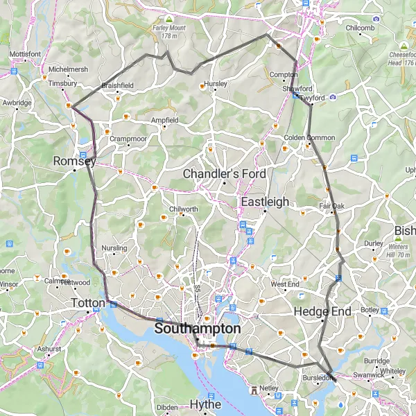 Map miniature of "Bursledon to Hedge End via Romsey" cycling inspiration in Hampshire and Isle of Wight, United Kingdom. Generated by Tarmacs.app cycling route planner