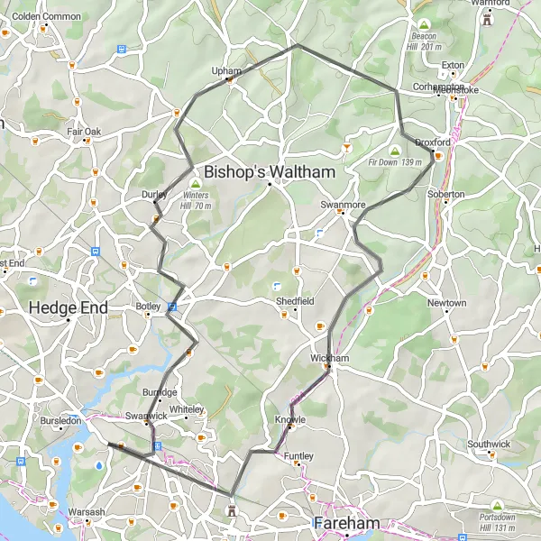 Map miniature of "Bursledon and Botley Loop" cycling inspiration in Hampshire and Isle of Wight, United Kingdom. Generated by Tarmacs.app cycling route planner