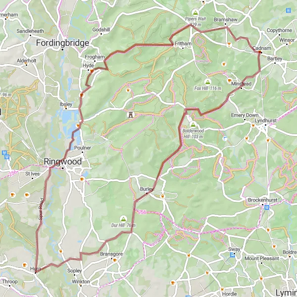 Map miniature of "The Gravel Explorer" cycling inspiration in Hampshire and Isle of Wight, United Kingdom. Generated by Tarmacs.app cycling route planner