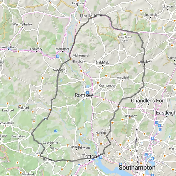 Map miniature of "Hamble Valley Loop" cycling inspiration in Hampshire and Isle of Wight, United Kingdom. Generated by Tarmacs.app cycling route planner