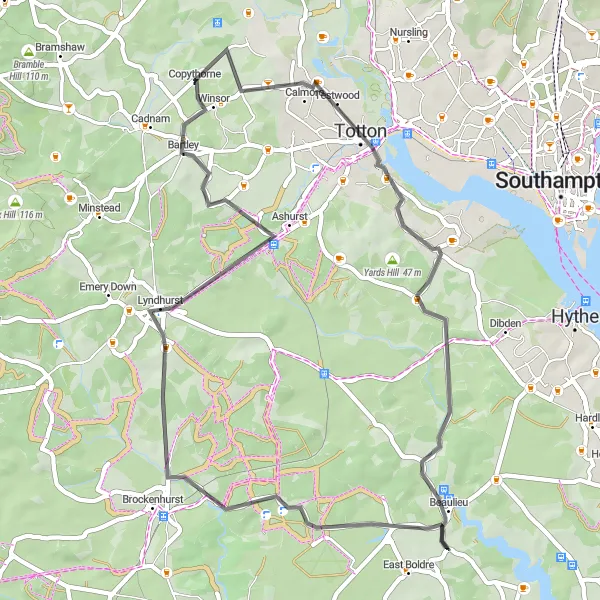 Map miniature of "Cadnam to Beaulieu and Lyndhurst" cycling inspiration in Hampshire and Isle of Wight, United Kingdom. Generated by Tarmacs.app cycling route planner