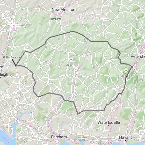 Map miniature of "Challenging Circuit near Colden Common" cycling inspiration in Hampshire and Isle of Wight, United Kingdom. Generated by Tarmacs.app cycling route planner