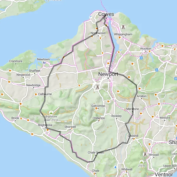 Map miniature of "Scenic Loop from Newport" cycling inspiration in Hampshire and Isle of Wight, United Kingdom. Generated by Tarmacs.app cycling route planner