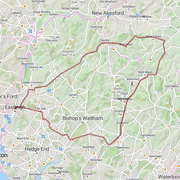 Map miniature of "Gravel Adventure from Eastleigh to Meonstoke" cycling inspiration in Hampshire and Isle of Wight, United Kingdom. Generated by Tarmacs.app cycling route planner