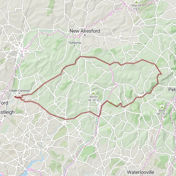 Map miniature of "Exploring Hampshire's Gravel Trails" cycling inspiration in Hampshire and Isle of Wight, United Kingdom. Generated by Tarmacs.app cycling route planner