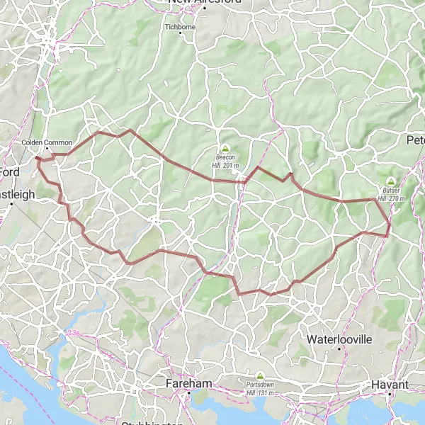 Map miniature of "Hampshire Gravel Adventure" cycling inspiration in Hampshire and Isle of Wight, United Kingdom. Generated by Tarmacs.app cycling route planner