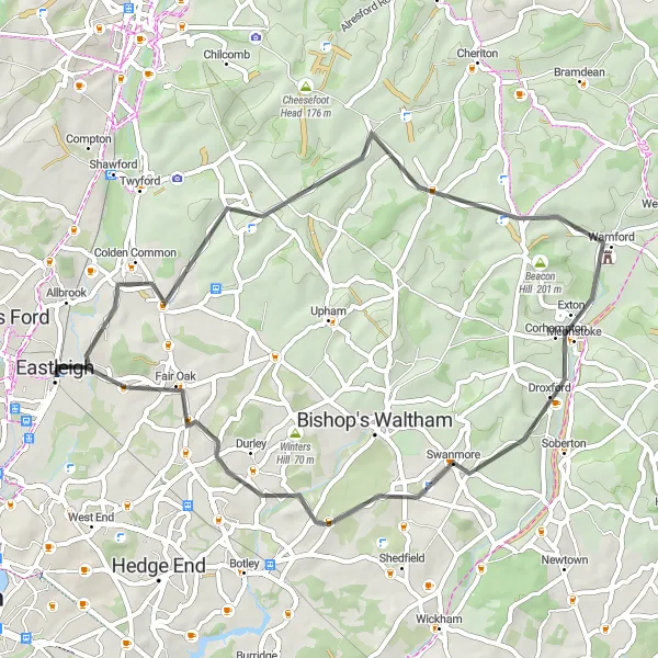 Map miniature of "Eastleigh Country Lane Loop" cycling inspiration in Hampshire and Isle of Wight, United Kingdom. Generated by Tarmacs.app cycling route planner