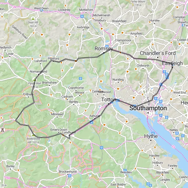 Map miniature of "Totton to Eastleigh Loop" cycling inspiration in Hampshire and Isle of Wight, United Kingdom. Generated by Tarmacs.app cycling route planner
