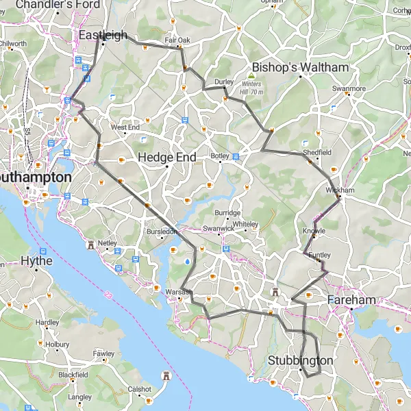 Map miniature of "Eastleigh to Newtown Loop" cycling inspiration in Hampshire and Isle of Wight, United Kingdom. Generated by Tarmacs.app cycling route planner