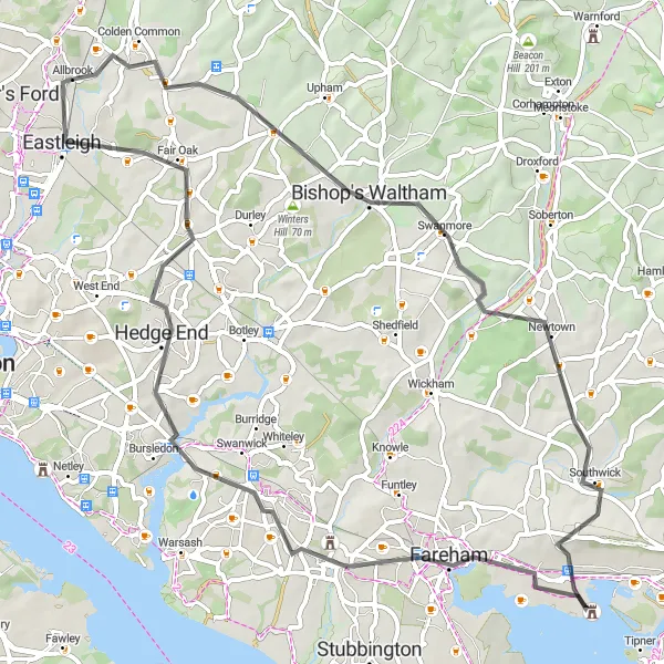 Map miniature of "Bishop's Waltham to Eastleigh Scenic Route" cycling inspiration in Hampshire and Isle of Wight, United Kingdom. Generated by Tarmacs.app cycling route planner
