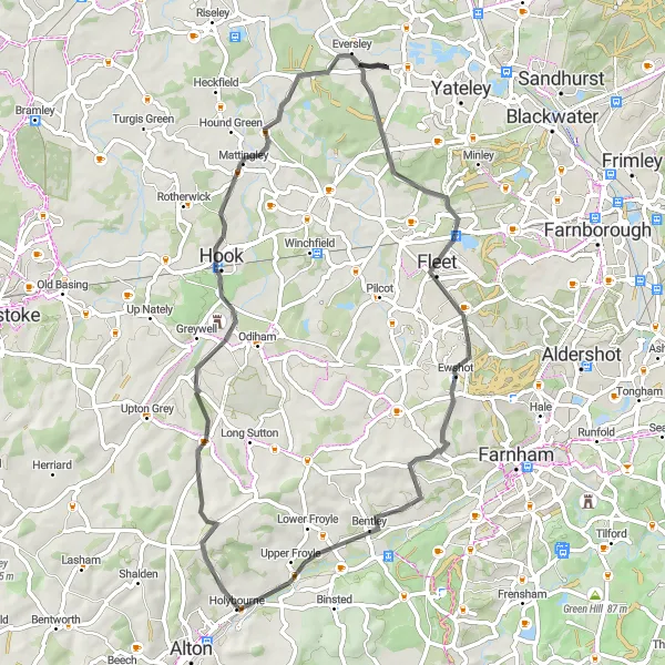 Map miniature of "Eversley Cross and Beyond" cycling inspiration in Hampshire and Isle of Wight, United Kingdom. Generated by Tarmacs.app cycling route planner