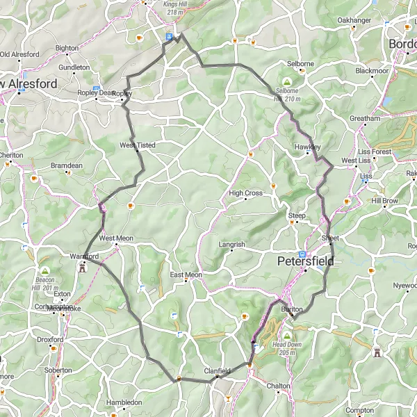 Map miniature of "Selborne and Butser Hill Loop" cycling inspiration in Hampshire and Isle of Wight, United Kingdom. Generated by Tarmacs.app cycling route planner