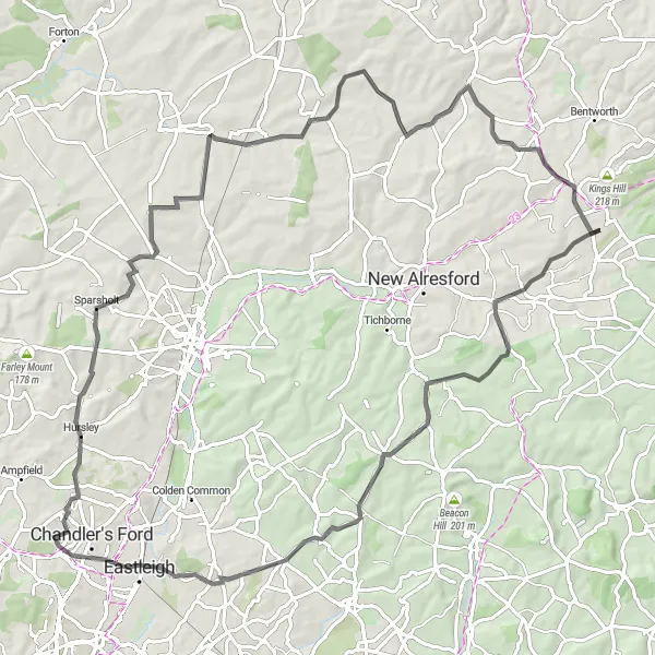 Map miniature of "Hampshire Hillside Loop" cycling inspiration in Hampshire and Isle of Wight, United Kingdom. Generated by Tarmacs.app cycling route planner