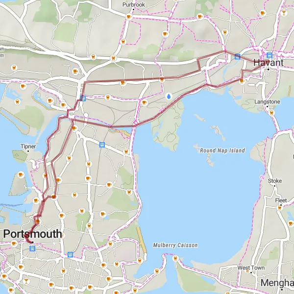 Map miniature of "Portsmouth and Portsdown Hill Gravel Adventure" cycling inspiration in Hampshire and Isle of Wight, United Kingdom. Generated by Tarmacs.app cycling route planner