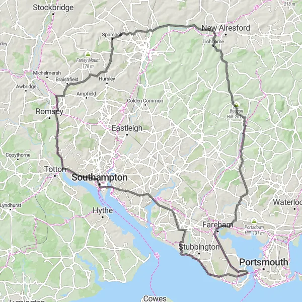 Map miniature of "Lee-on-the-Solent to Droxford Epic Loop" cycling inspiration in Hampshire and Isle of Wight, United Kingdom. Generated by Tarmacs.app cycling route planner