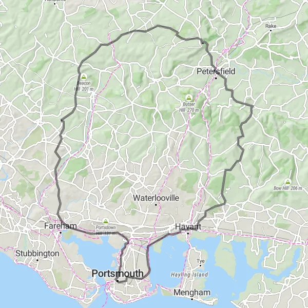 Map miniature of "Portsmouth and South Downs Challenge" cycling inspiration in Hampshire and Isle of Wight, United Kingdom. Generated by Tarmacs.app cycling route planner