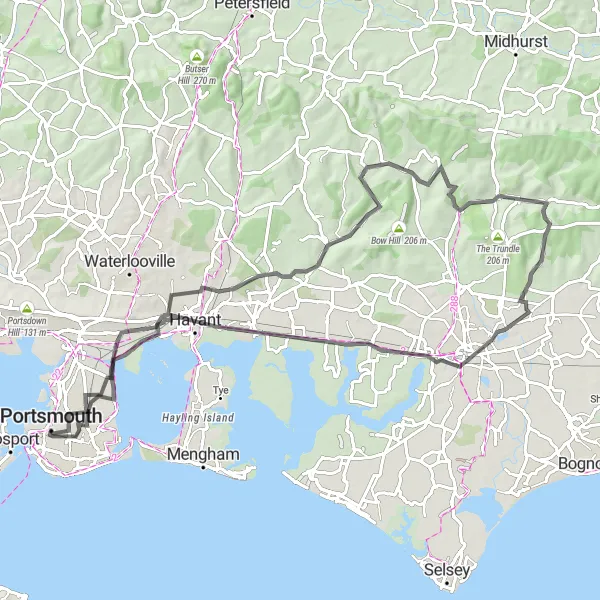 Map miniature of "Portsmouth to Southsea Loop" cycling inspiration in Hampshire and Isle of Wight, United Kingdom. Generated by Tarmacs.app cycling route planner