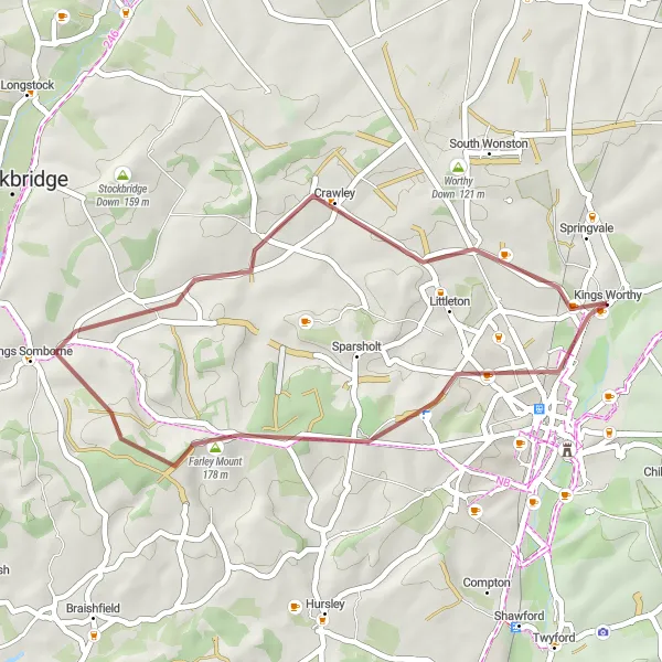 Map miniature of "Kings Worthy to Abbotts Barton Loop" cycling inspiration in Hampshire and Isle of Wight, United Kingdom. Generated by Tarmacs.app cycling route planner