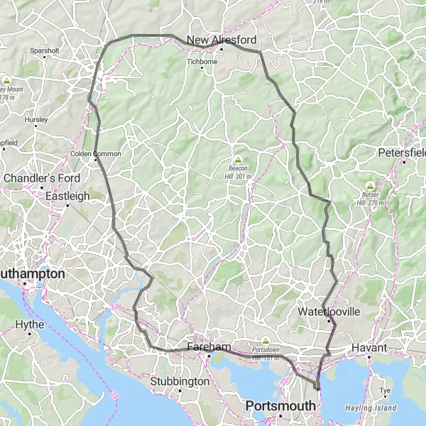 Map miniature of "The Meandering Hills Loop" cycling inspiration in Hampshire and Isle of Wight, United Kingdom. Generated by Tarmacs.app cycling route planner