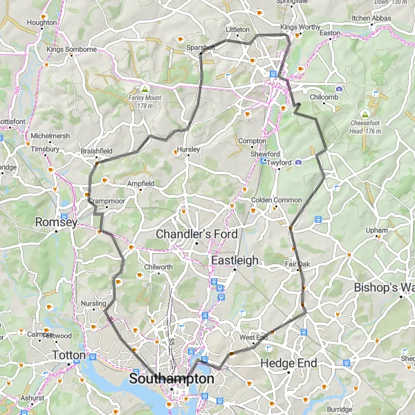 Map miniature of "The Southampton Explorer" cycling inspiration in Hampshire and Isle of Wight, United Kingdom. Generated by Tarmacs.app cycling route planner