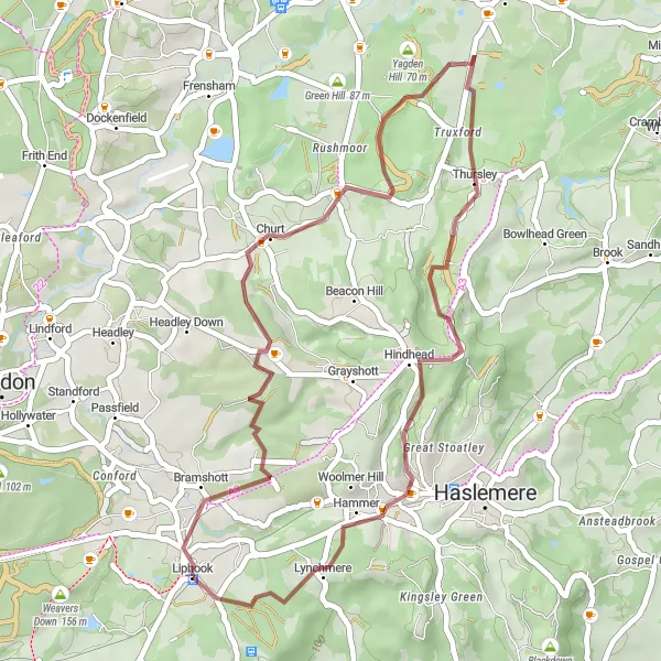 Map miniature of "Country Gravel Loop from Liphook" cycling inspiration in Hampshire and Isle of Wight, United Kingdom. Generated by Tarmacs.app cycling route planner