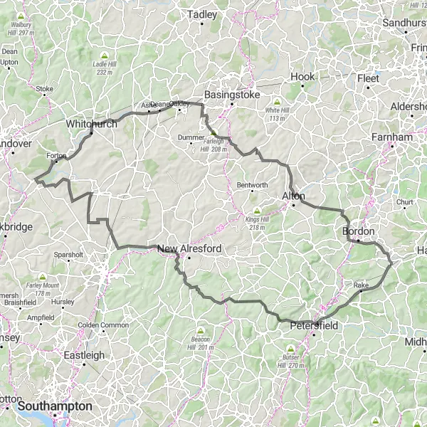 Map miniature of "Challenging Road Cycling Route from Liphook" cycling inspiration in Hampshire and Isle of Wight, United Kingdom. Generated by Tarmacs.app cycling route planner