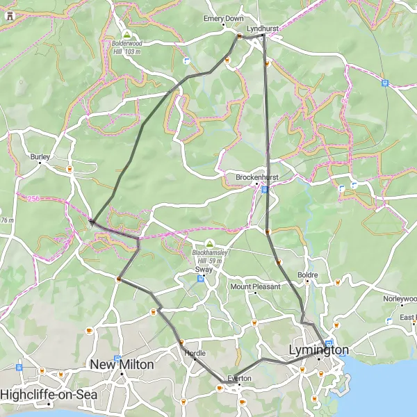 Map miniature of "Lymington Road Loop" cycling inspiration in Hampshire and Isle of Wight, United Kingdom. Generated by Tarmacs.app cycling route planner