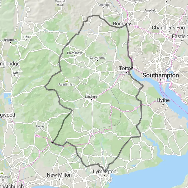 Map miniature of "Scenic Road Route from Lymington to Eling" cycling inspiration in Hampshire and Isle of Wight, United Kingdom. Generated by Tarmacs.app cycling route planner