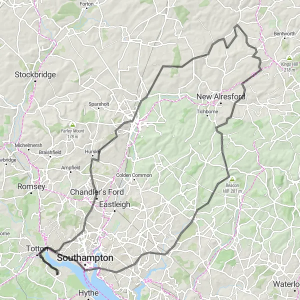 Map miniature of "Marchwood to Winchester Loop" cycling inspiration in Hampshire and Isle of Wight, United Kingdom. Generated by Tarmacs.app cycling route planner
