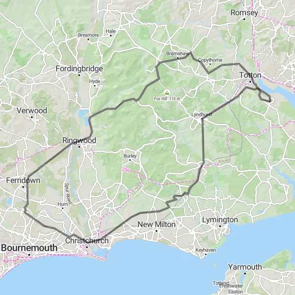 Map miniature of "New Forest and Coastal Ride" cycling inspiration in Hampshire and Isle of Wight, United Kingdom. Generated by Tarmacs.app cycling route planner