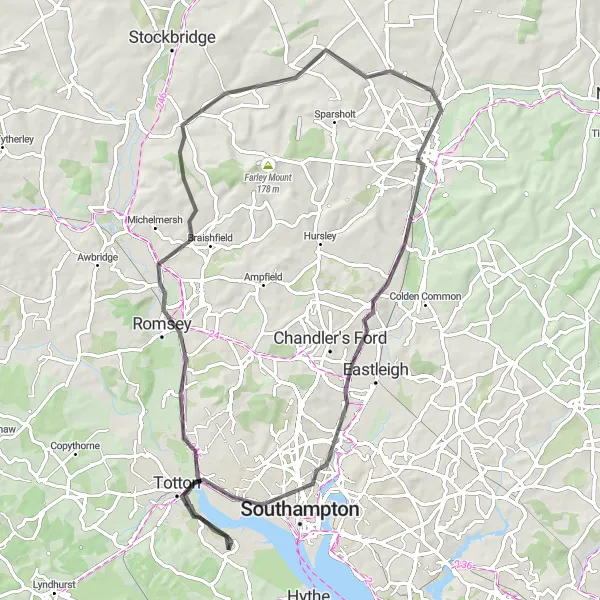 Map miniature of "Marchwood to Winchester Loop" cycling inspiration in Hampshire and Isle of Wight, United Kingdom. Generated by Tarmacs.app cycling route planner