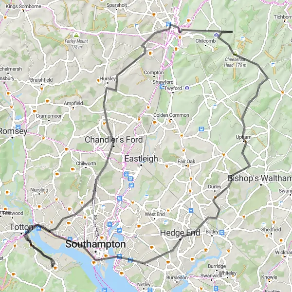 Map miniature of "Marchwood to Southampton Castle Adventure" cycling inspiration in Hampshire and Isle of Wight, United Kingdom. Generated by Tarmacs.app cycling route planner