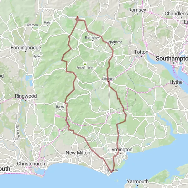 Map miniature of "Countryside Charm" cycling inspiration in Hampshire and Isle of Wight, United Kingdom. Generated by Tarmacs.app cycling route planner