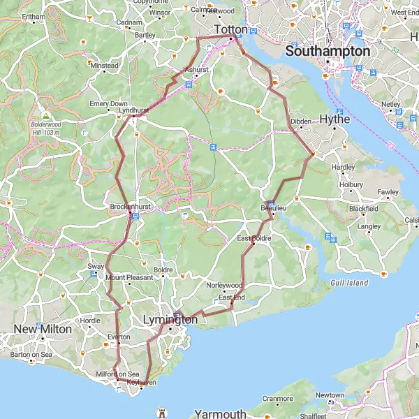 Map miniature of "Gravel Journey" cycling inspiration in Hampshire and Isle of Wight, United Kingdom. Generated by Tarmacs.app cycling route planner