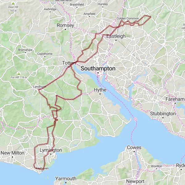 Map miniature of "Scenic Landscapes and Challenging Climbs" cycling inspiration in Hampshire and Isle of Wight, United Kingdom. Generated by Tarmacs.app cycling route planner